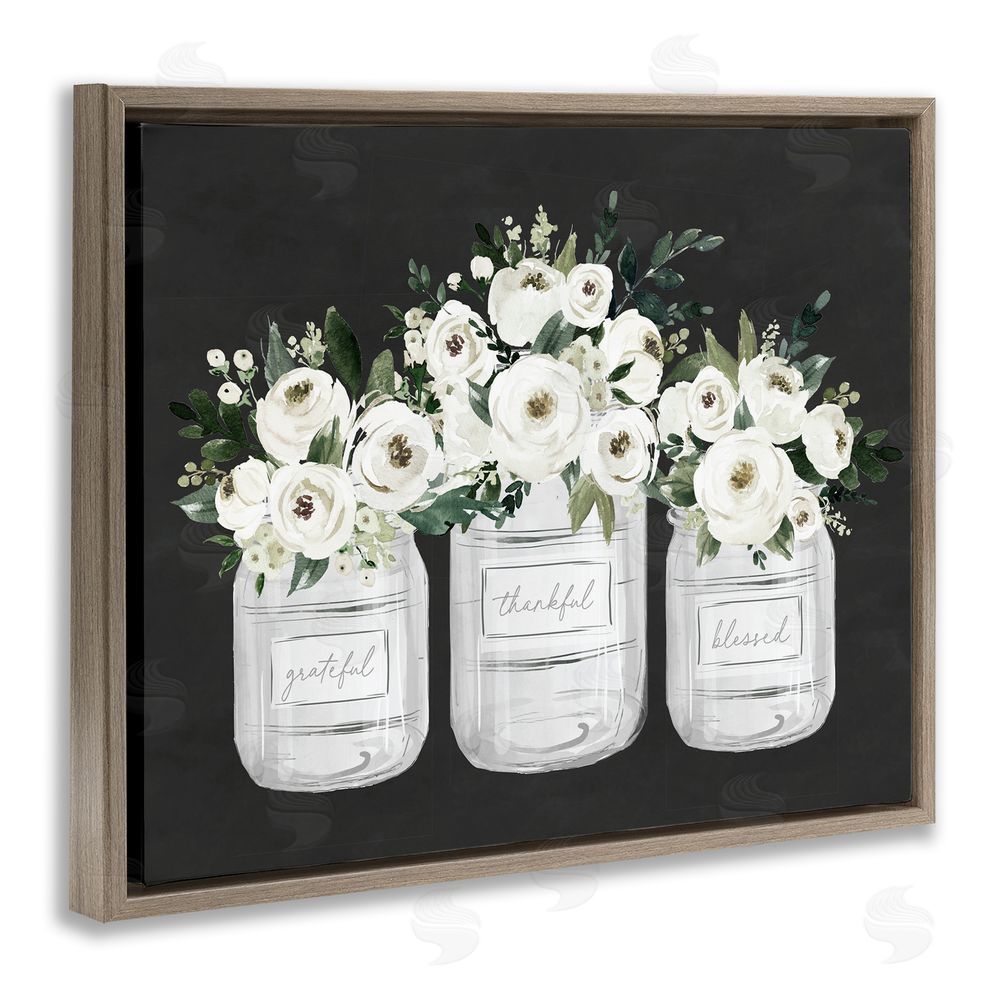 Lettered and Lined Floral Farmhouse Jars Trio Brown Floating Frame Canvas Art Print
