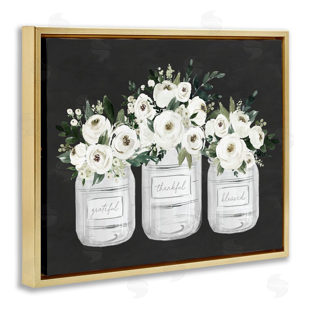 Lettered and Lined Floral Farmhouse Jars Trio Gold Floating Frame Canvas Art Print