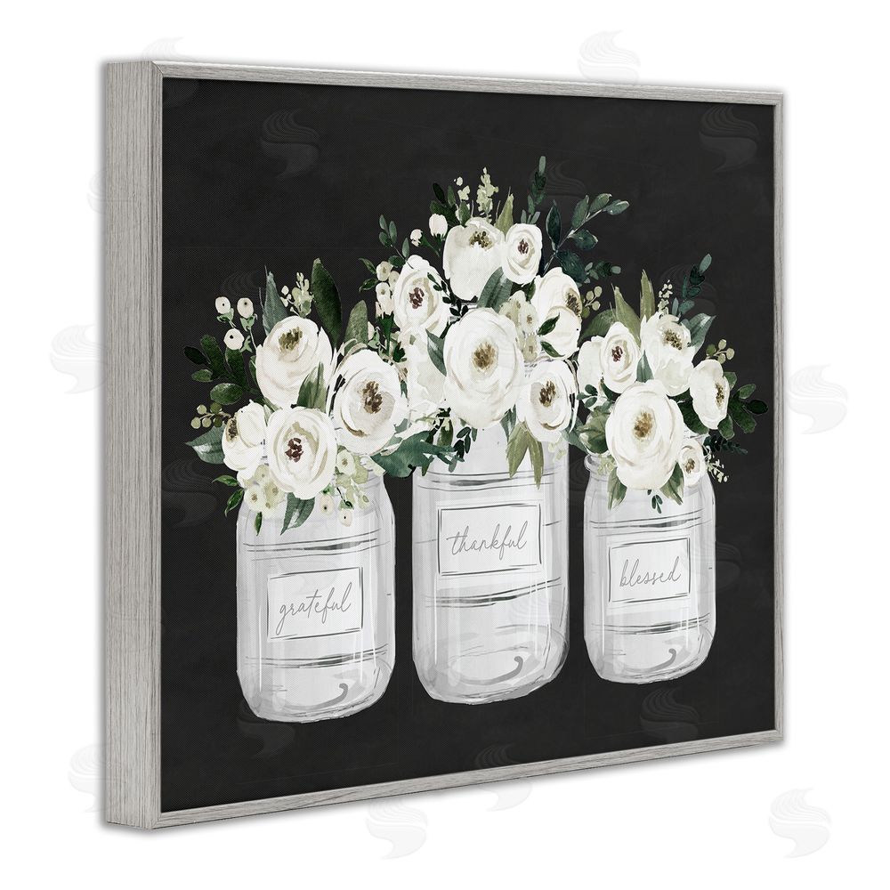 Lettered and Lined Floral Farmhouse Jars Trio Gray Framed Giclee Art Print