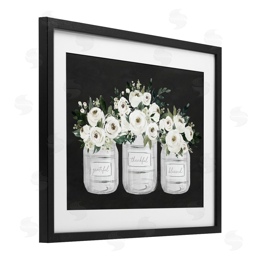 Lettered and Lined Floral Farmhouse Jars Trio Black Framed Print Under Glass Art