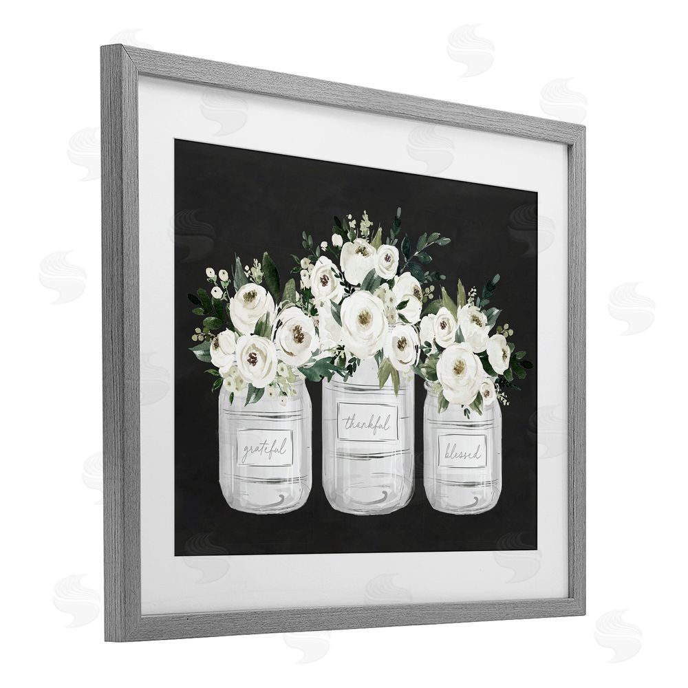 Lettered and Lined Floral Farmhouse Jars Trio Gray Framed Print Under Glass Art