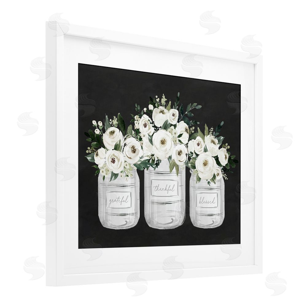 Lettered and Lined Floral Farmhouse Jars Trio White Framed Print Under Glass Art