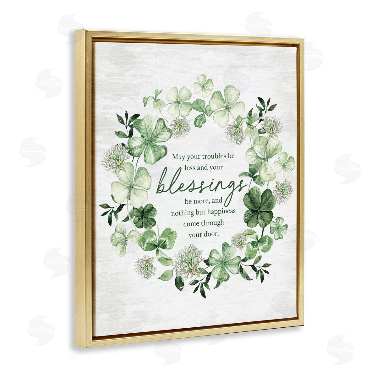 Lettered and Lined Troubles Less & Blessings More Wreath Gold Floating Frame Canvas Art Print
