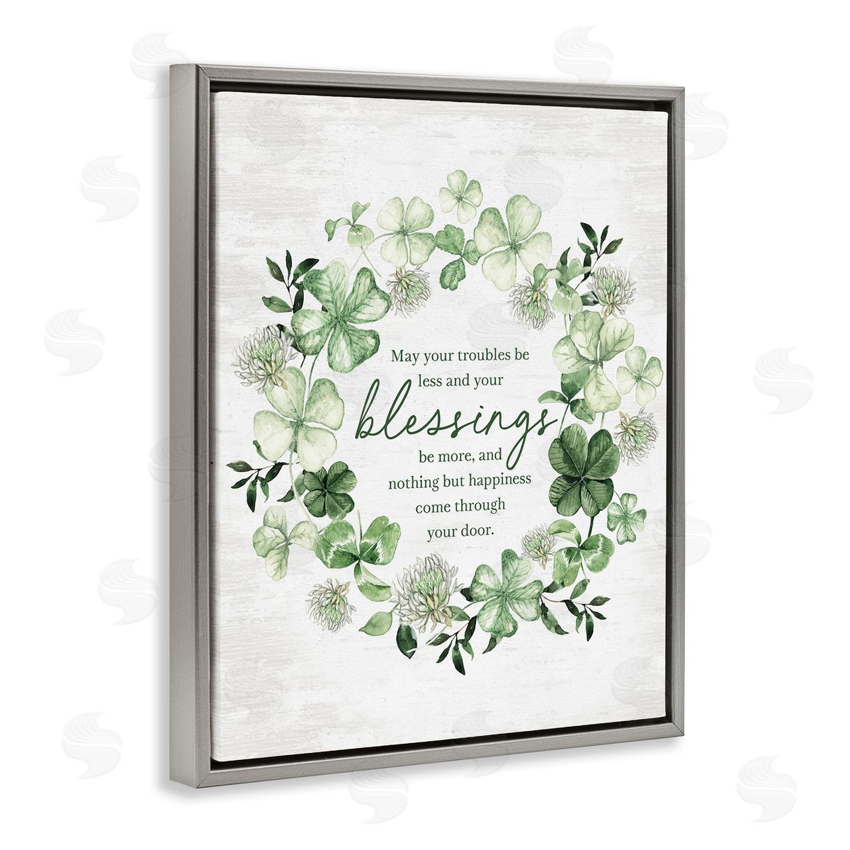 Lettered and Lined Troubles Less & Blessings More Wreath Gray Floating Frame Canvas Art Print