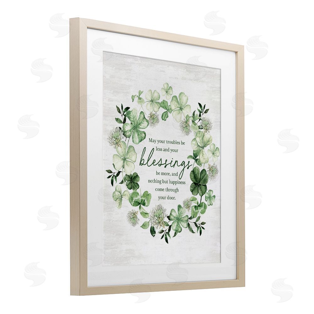 Lettered and Lined Troubles Less & Blessings More Wreath Birch Framed Print Under Glass Art