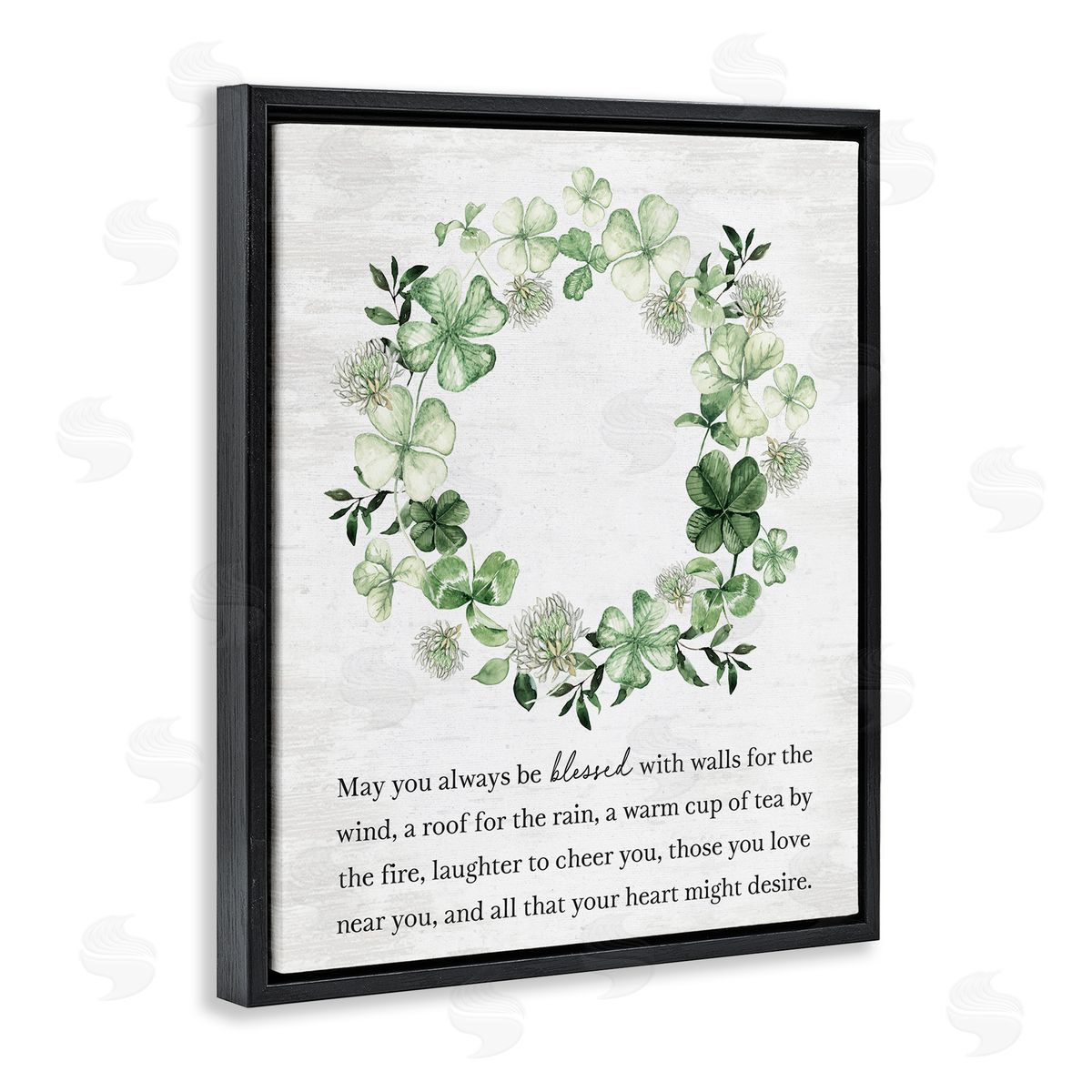 Lettered and Lined Blessed Irish Clover Wreath Black Floating Frame Canvas Wall Art Print