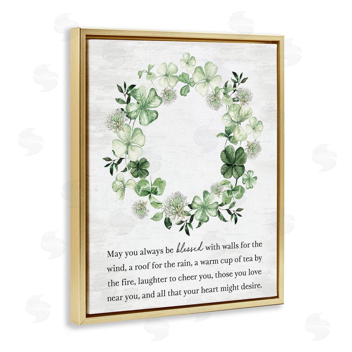 Lettered and Lined Blessed Irish Clover Wreath Gold Floating Frame Canvas Art Print