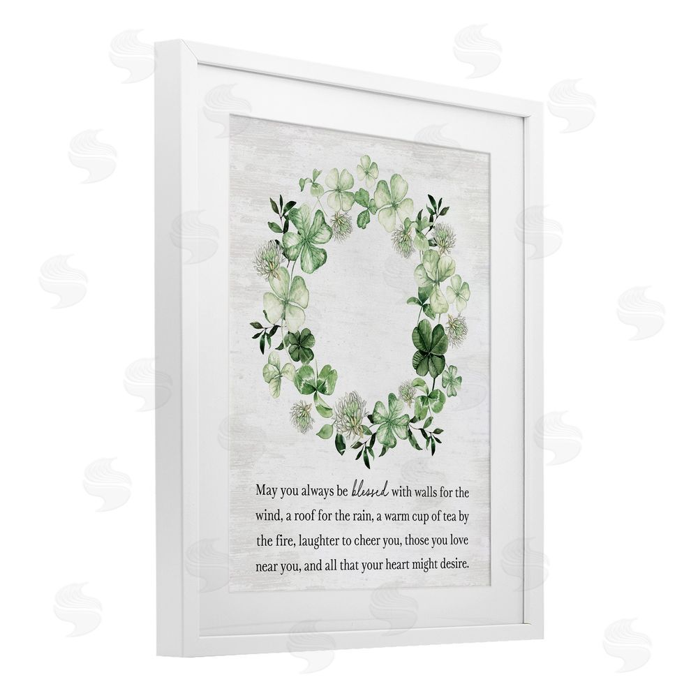 Lettered and Lined Blessed Irish Clover Wreath White Framed Print Under Glass Art