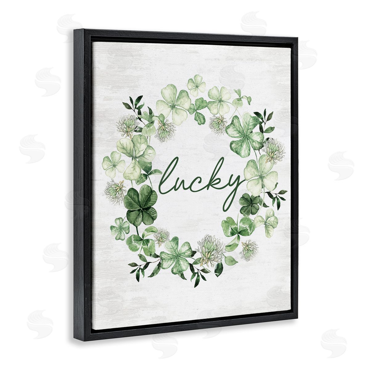 Lettered and Lined Lucky Clovers Botanical Wreath Black Floating Frame Canvas Wall Art Print