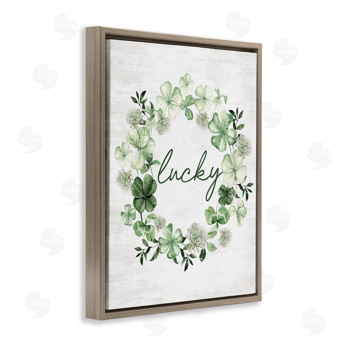 Lettered and Lined Lucky Clovers Botanical Wreath Brown Floating Frame Canvas Art Print