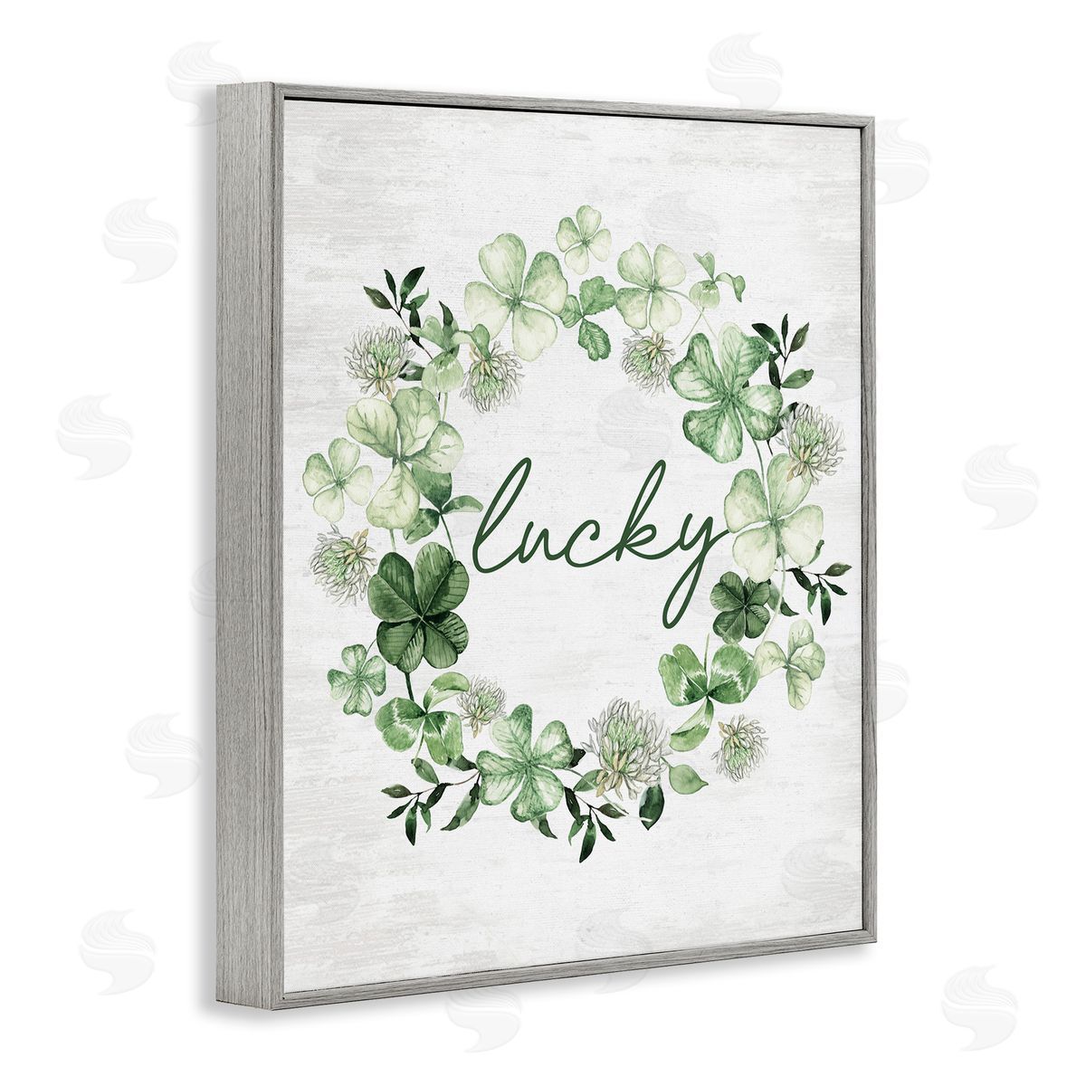 Lettered and Lined Lucky Clovers Botanical Wreath Gray Framed Giclee Art Print