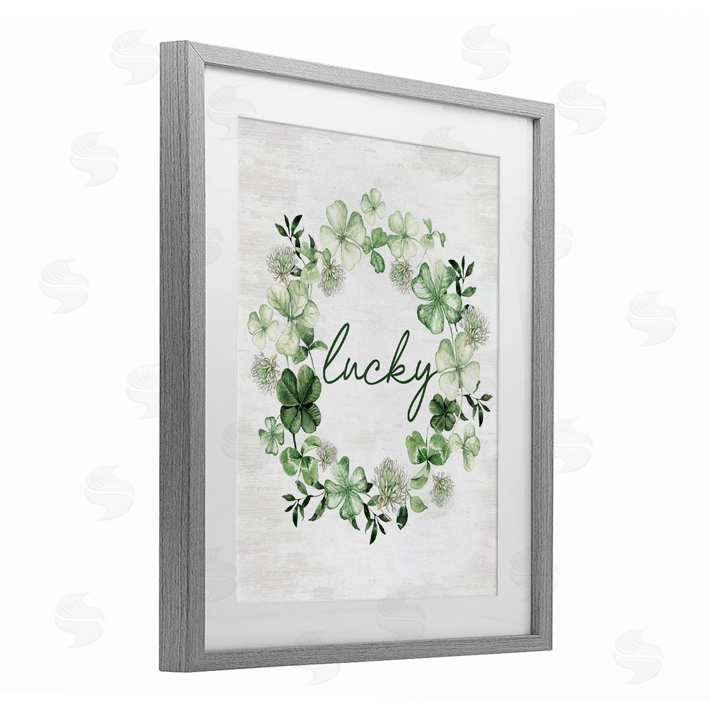 Lettered and Lined Lucky Clovers Botanical Wreath Gray Framed Print Under Glass Art