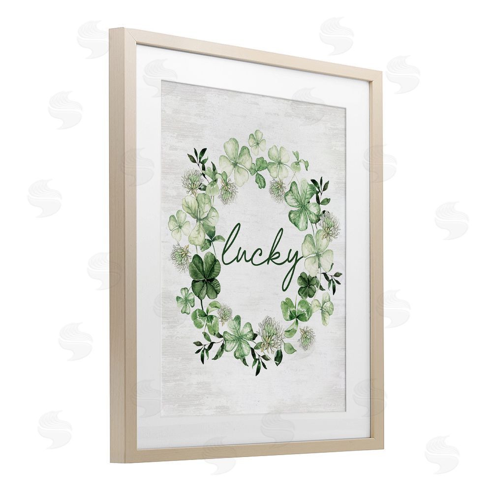 Lettered and Lined Lucky Clovers Botanical Wreath Birch Framed Print Under Glass Art
