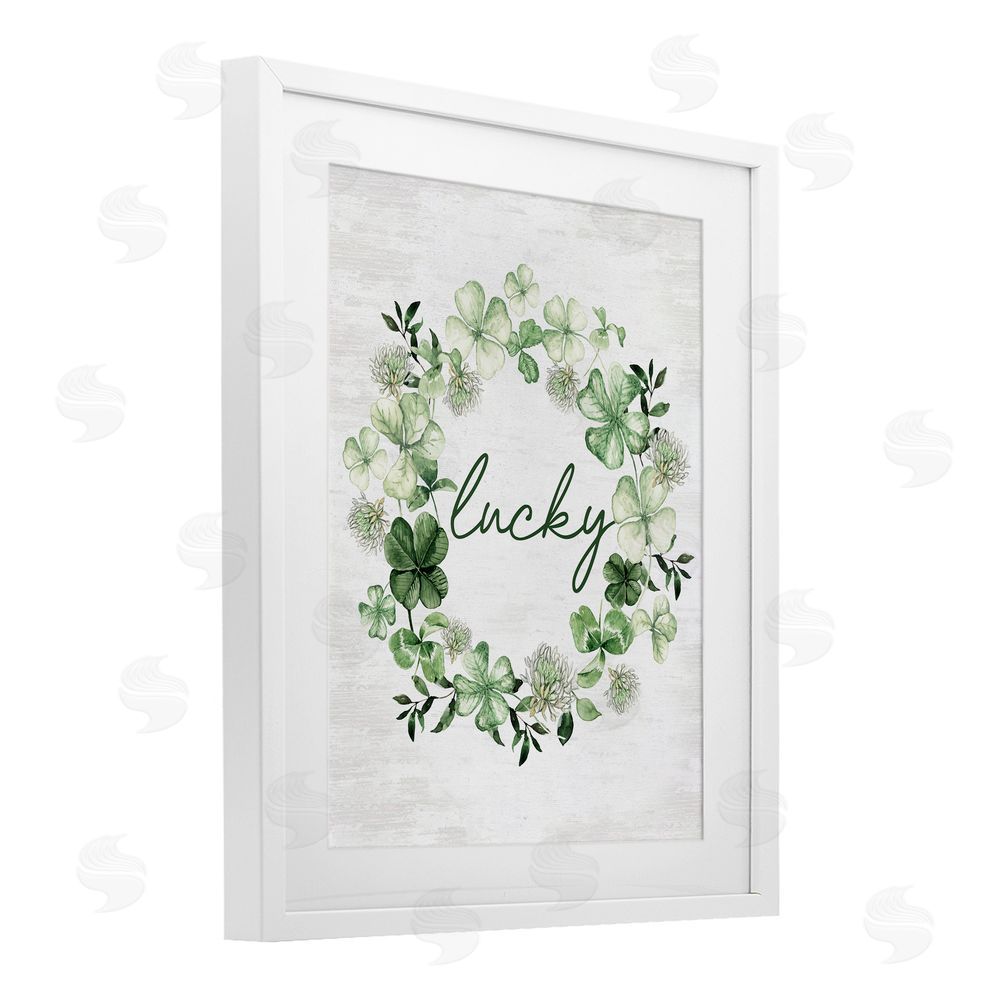 Lettered and Lined Lucky Clovers Botanical Wreath White Framed Print Under Glass Art