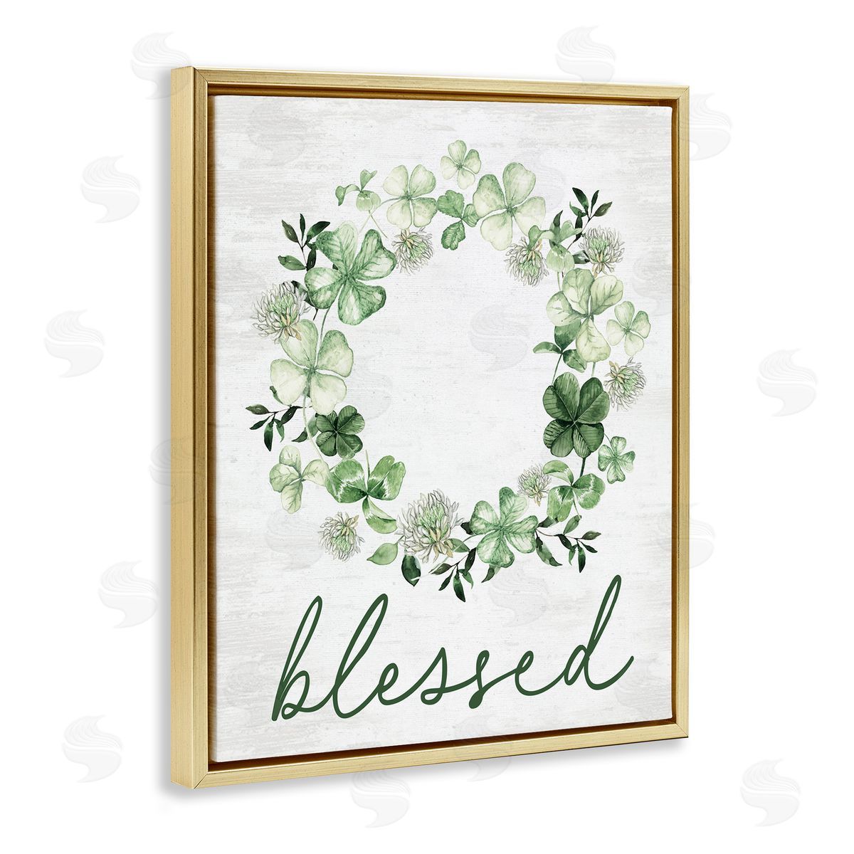 Lettered and Lined Blessed with Spring Clover Wreath Gold Floating Frame Canvas Art Print
