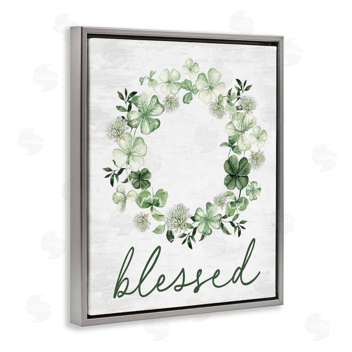 Lettered and Lined Blessed with Spring Clover Wreath Gray Floating Frame Canvas Art Print