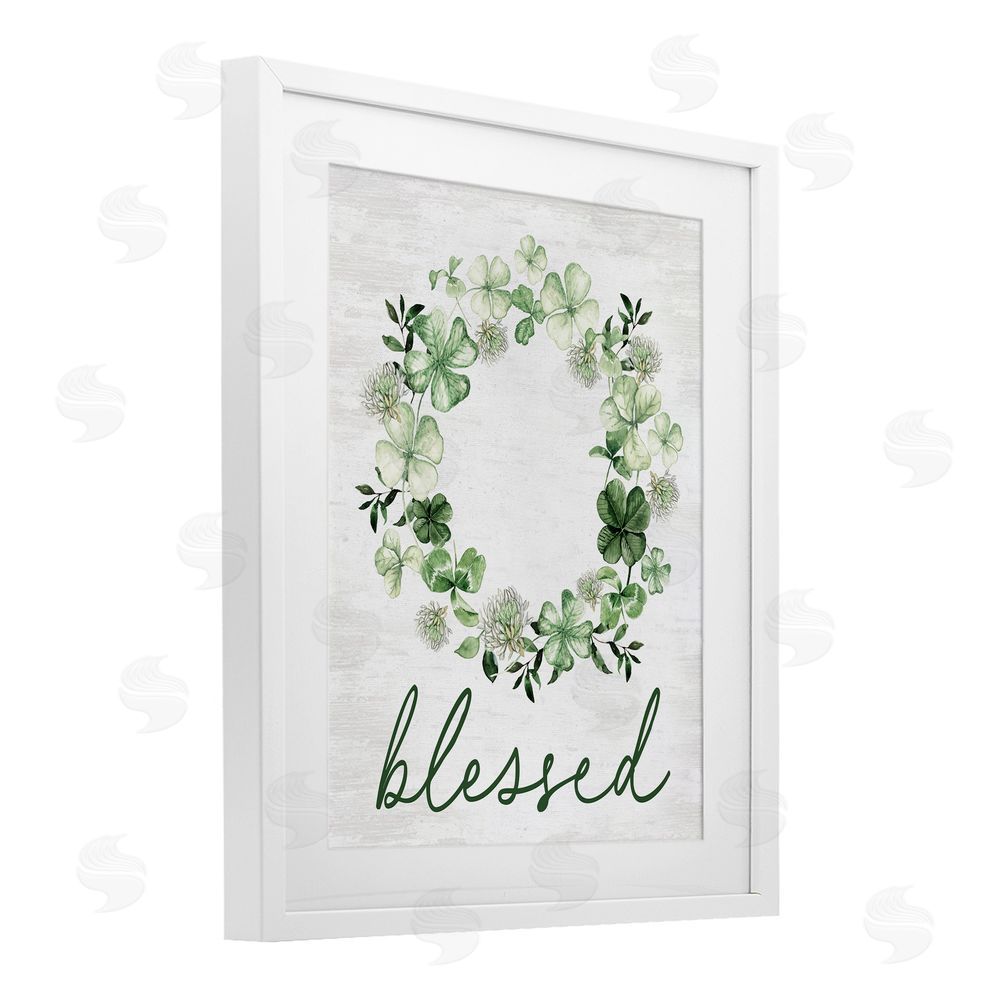 Lettered and Lined Blessed with Spring Clover Wreath White Framed Print Under Glass Art