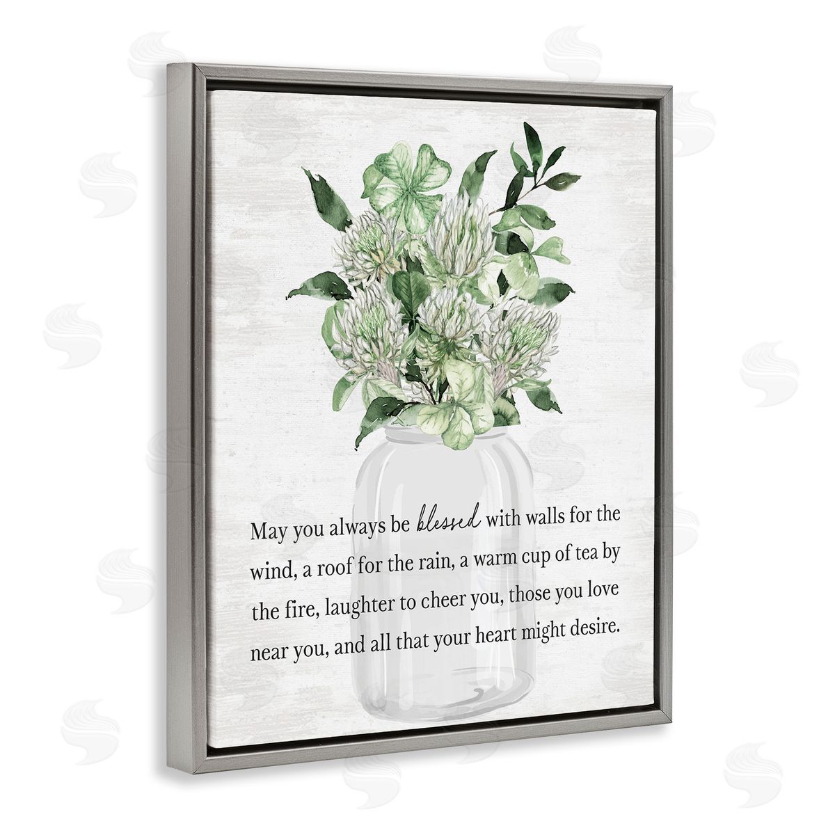 Lettered and Lined Blessed Spring Florals & Clovers Gray Floating Frame Canvas Art Print