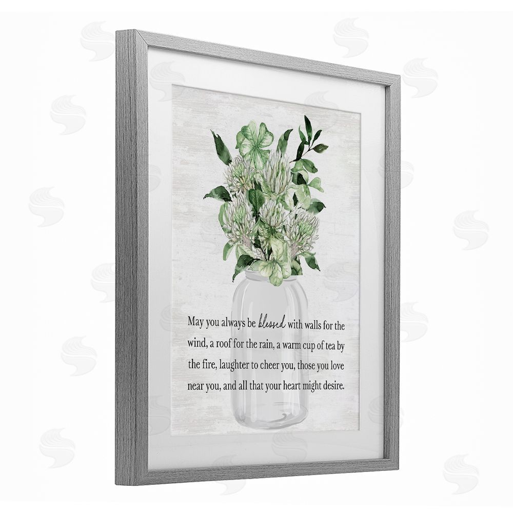 Lettered and Lined Blessed Spring Florals & Clovers Gray Framed Print Under Glass Art
