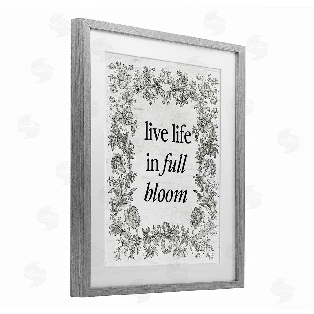 Lettered and Lined Vintage Life In Full Bloom Gray Framed Print Under Glass Art