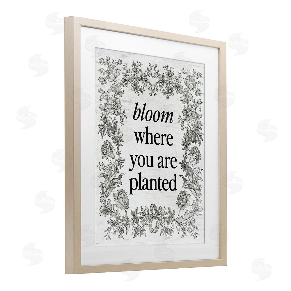 Lettered and Lined Inspiring Bloom with Vintage Border Birch Framed Print Under Glass Art