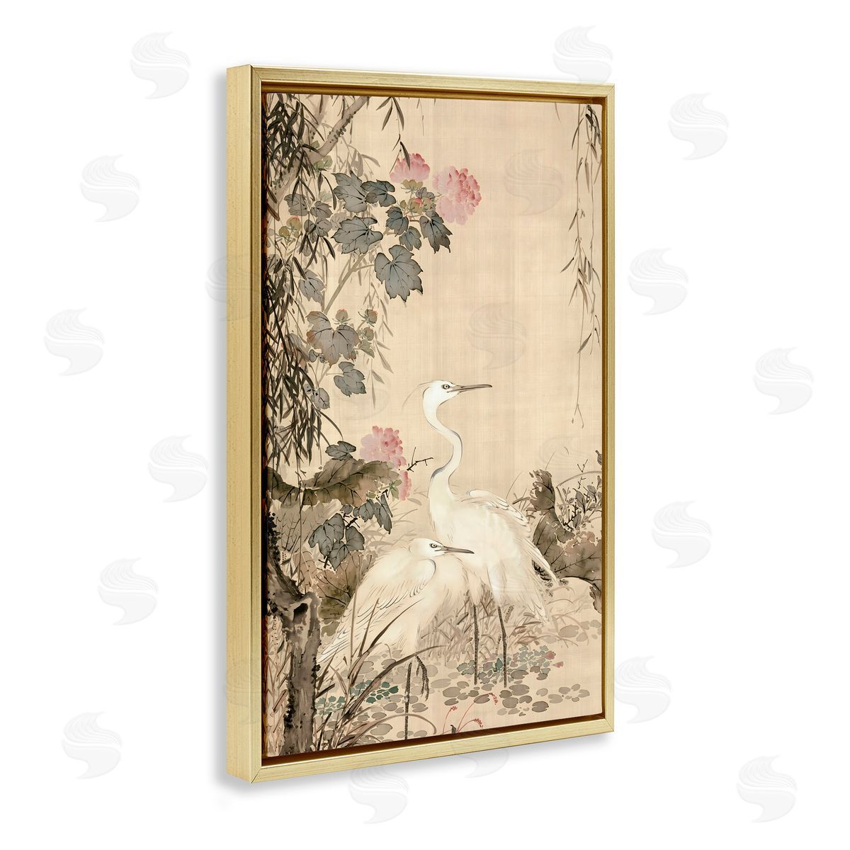 Vintage Hustle Silk And Moonlight Scenery Gold Floating Frame Canvas Art Print