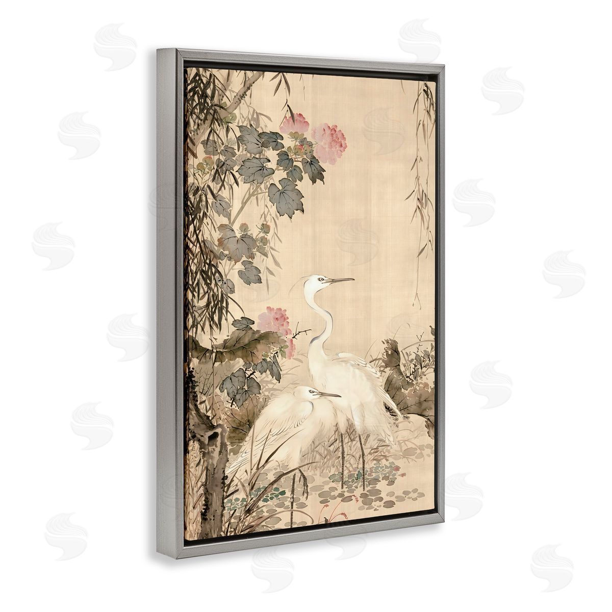 Vintage Hustle Silk And Moonlight Scenery Gray Floating Frame Canvas Art Print