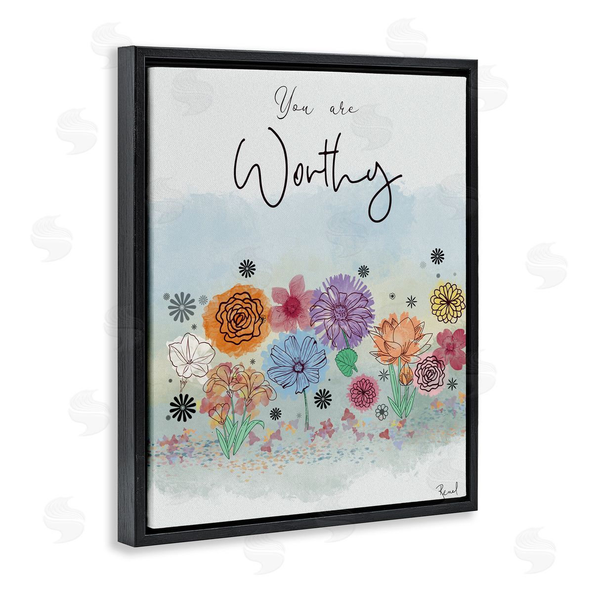 Renel Peters You Are Worthy Modern Blooms Black Floating Frame Canvas Wall Art Print