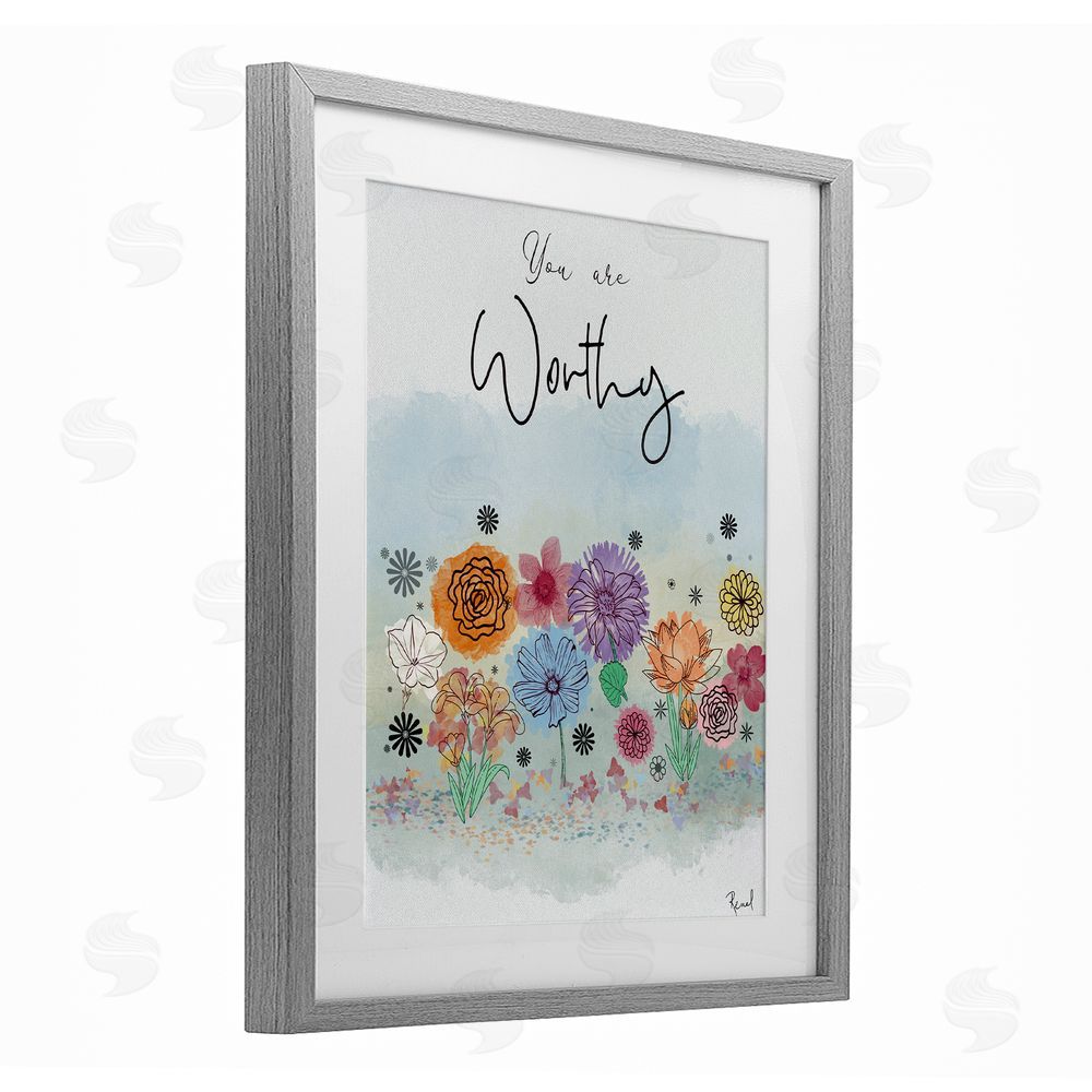 Renel Peters You Are Worthy Modern Blooms Gray Framed Print Under Glass Art