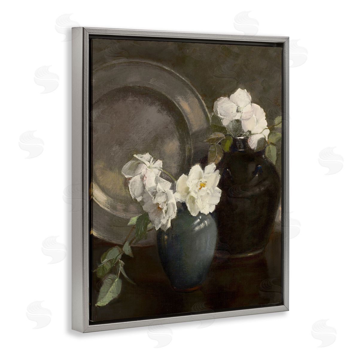Leah Straatsma Peony Still Life with Plate Gray Floating Frame Canvas Art Print