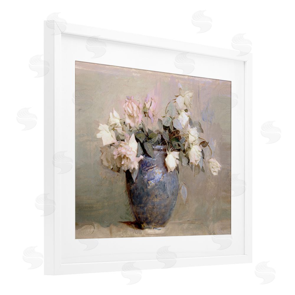 Leah Straatsma Vintage Roses In Blue Vase White Framed Print Under Glass Art
