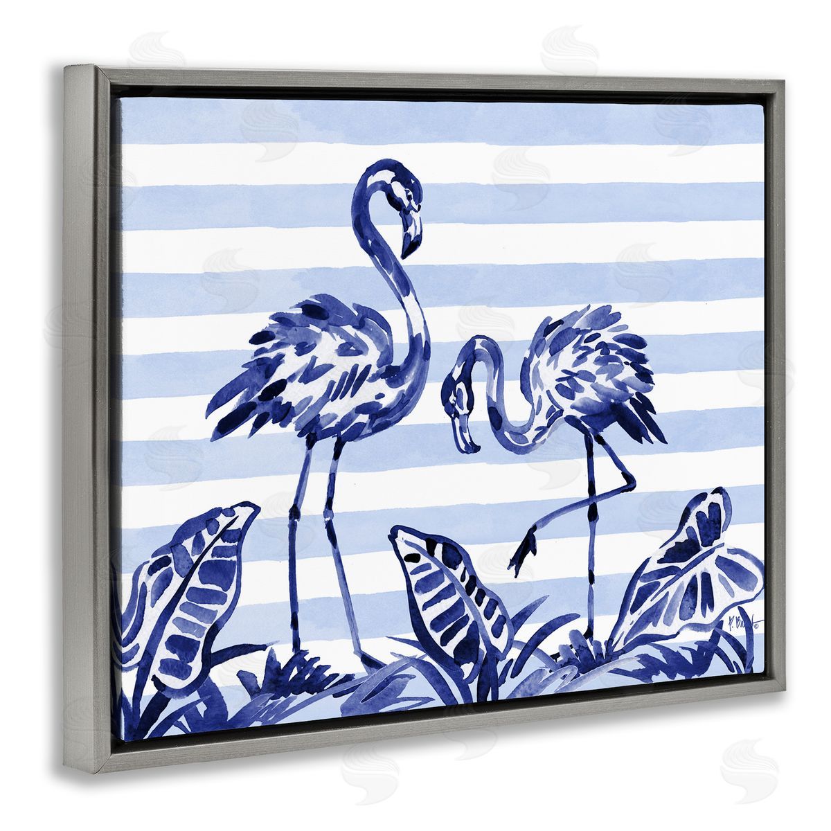 Paul Brent Indigo Brushstroke Flamingos Gray Floating Frame Canvas Art Print