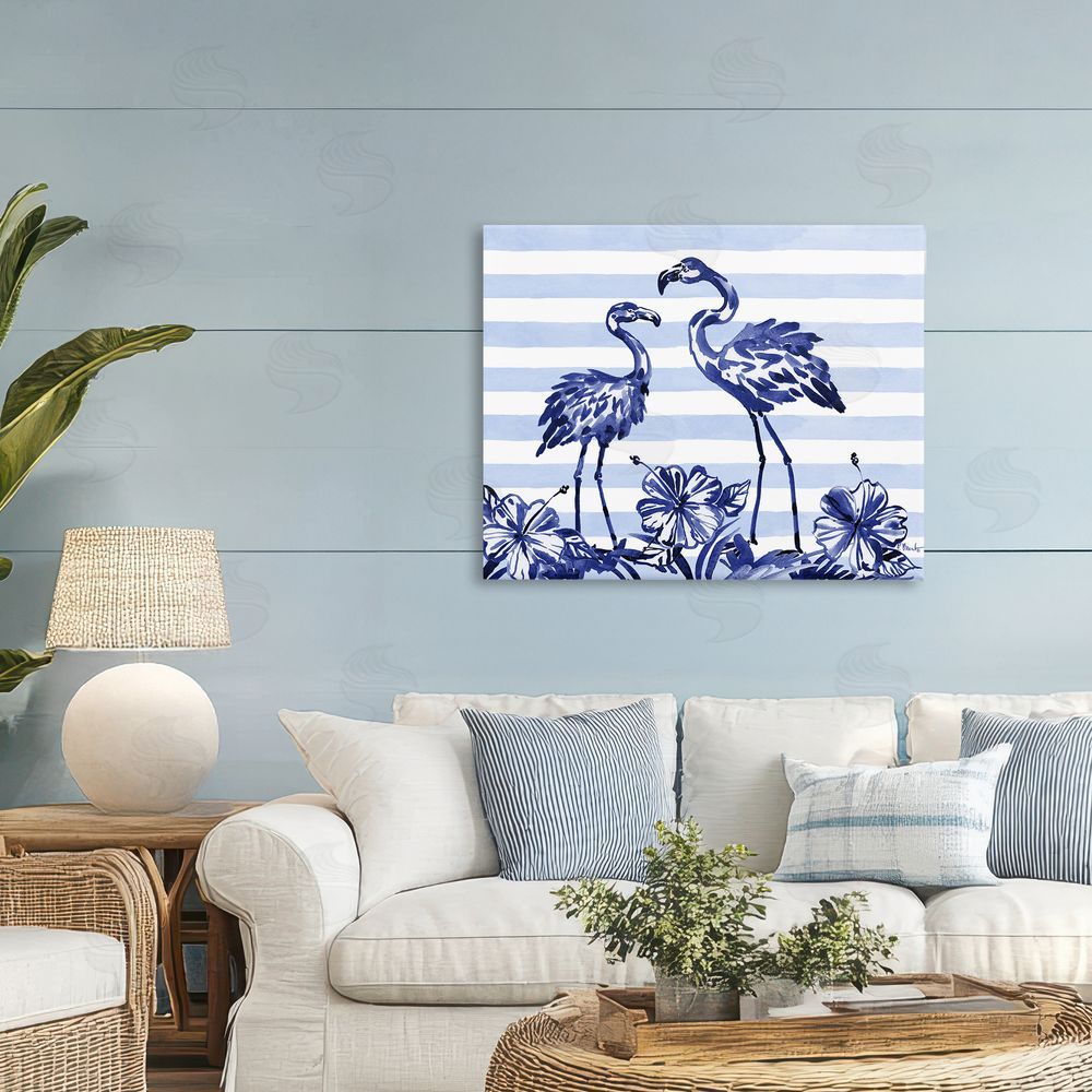 Paul Brent Indigo Flamingos over Stripes Printed Wall Art in Room