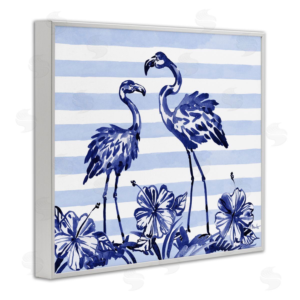 Paul Brent Indigo Flamingos over Stripes White Frame Giclee Art Print