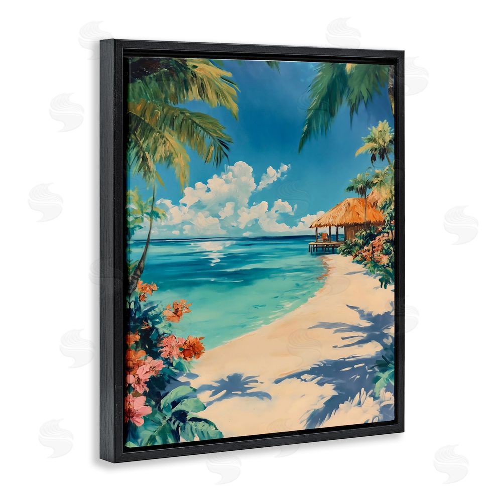 Franklyn Gregory Tropical Oceanside Cabana Black Floating Frame Canvas Wall Art Print