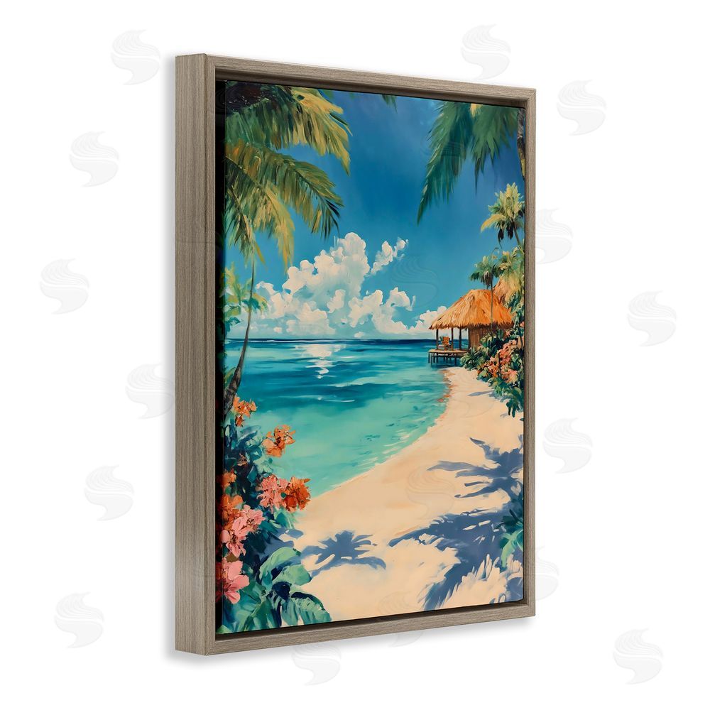 Franklyn Gregory Tropical Oceanside Cabana Brown Floating Frame Canvas Wall Art Print