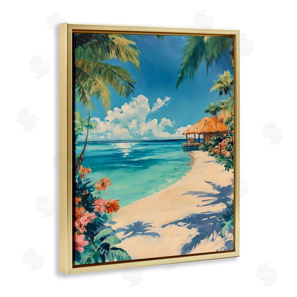 Franklyn Gregory Tropical Oceanside Cabana Gold Floating Frame Canvas Wall Art Print