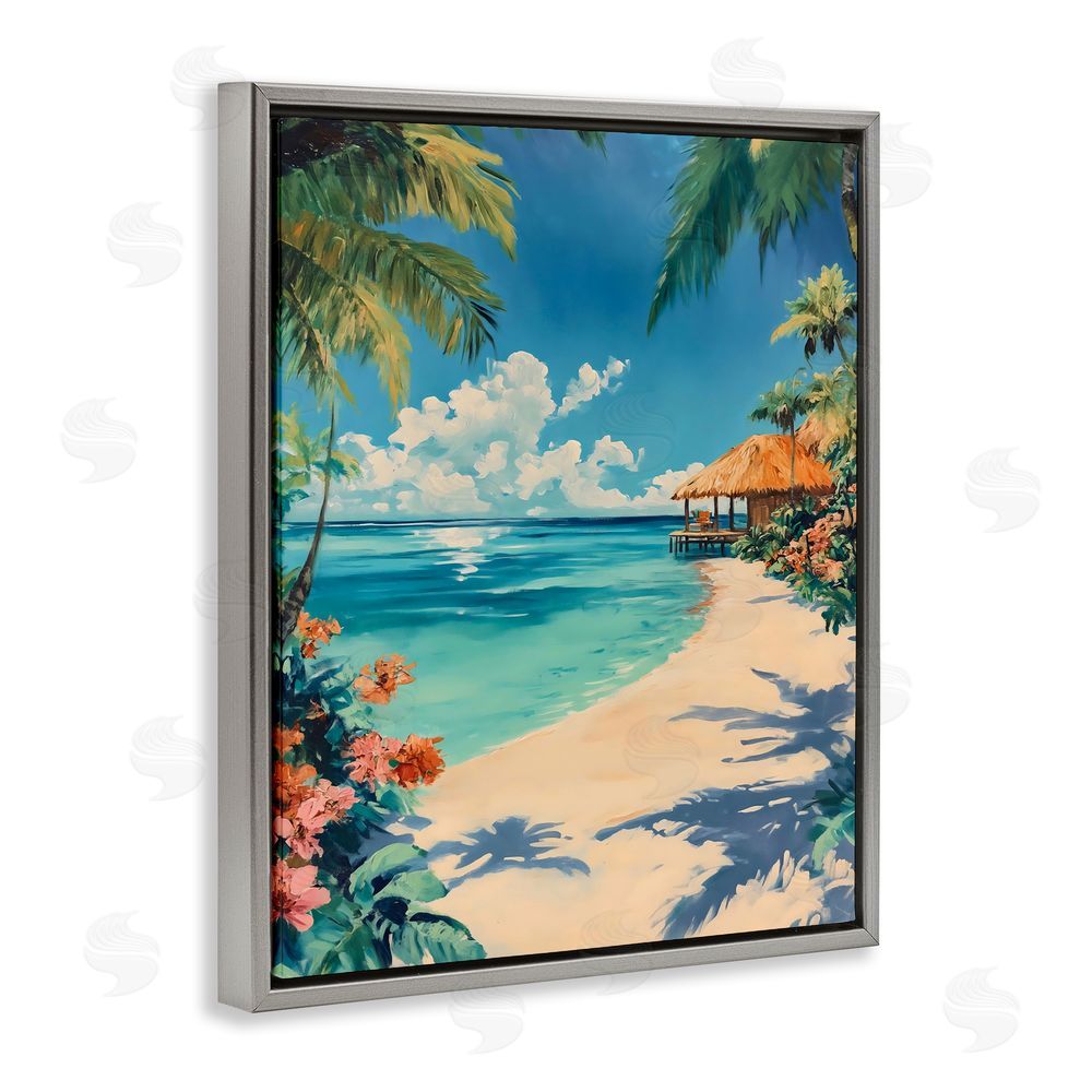 Franklyn Gregory Tropical Oceanside Cabana Gray Floating Frame Canvas Wall Art Print