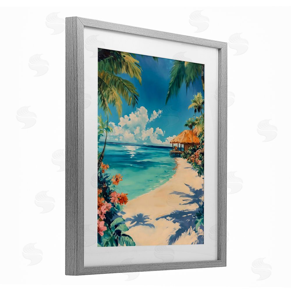 Franklyn Gregory Tropical Oceanside Cabana Gray Framed Print Under Glass with White Mat Wall Art