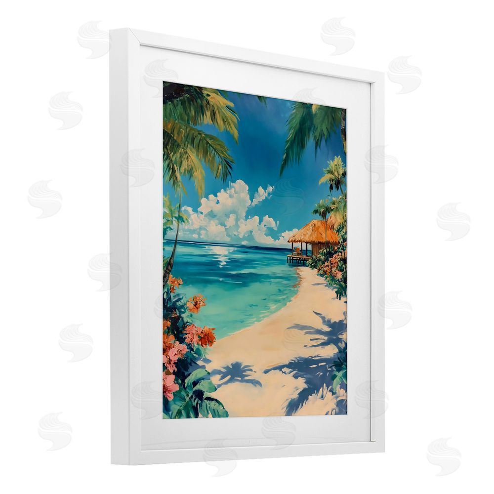 Franklyn Gregory Tropical Oceanside Cabana White Framed Print Under Glass with Mat Wall Art