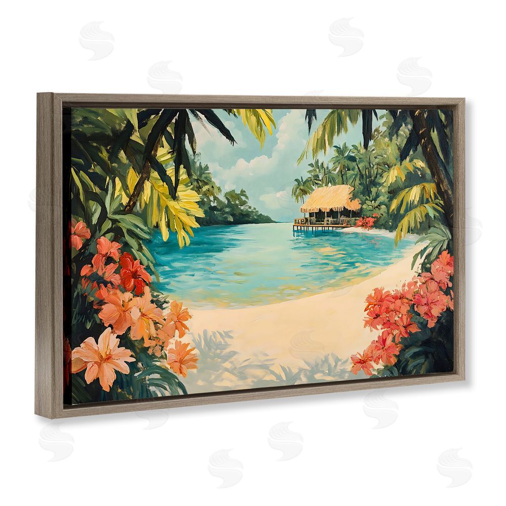 Franklyn Gregory Tropical Bungalow Lagoon Brown Floating Frame Canvas Wall Art Print