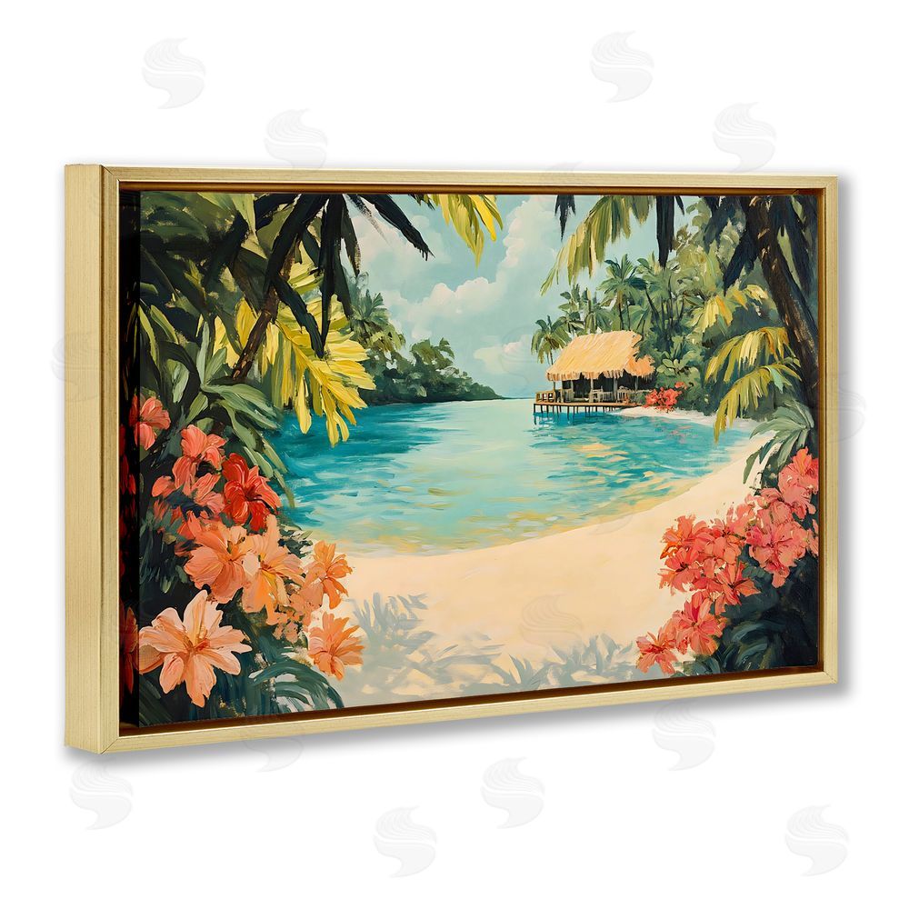 Franklyn Gregory Tropical Bungalow Lagoon Gold Floating Frame Canvas Wall Art Print