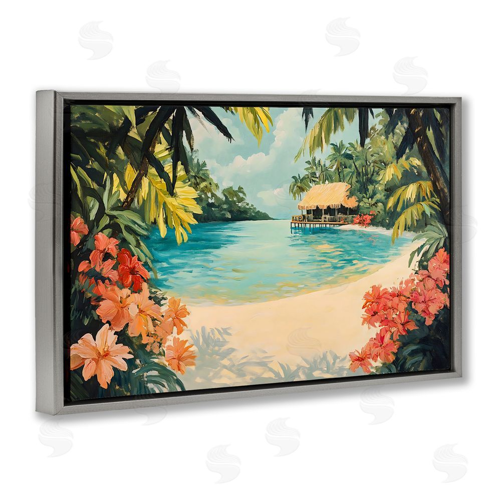 Franklyn Gregory Tropical Bungalow Lagoon Gray Floating Frame Canvas Wall Art Print
