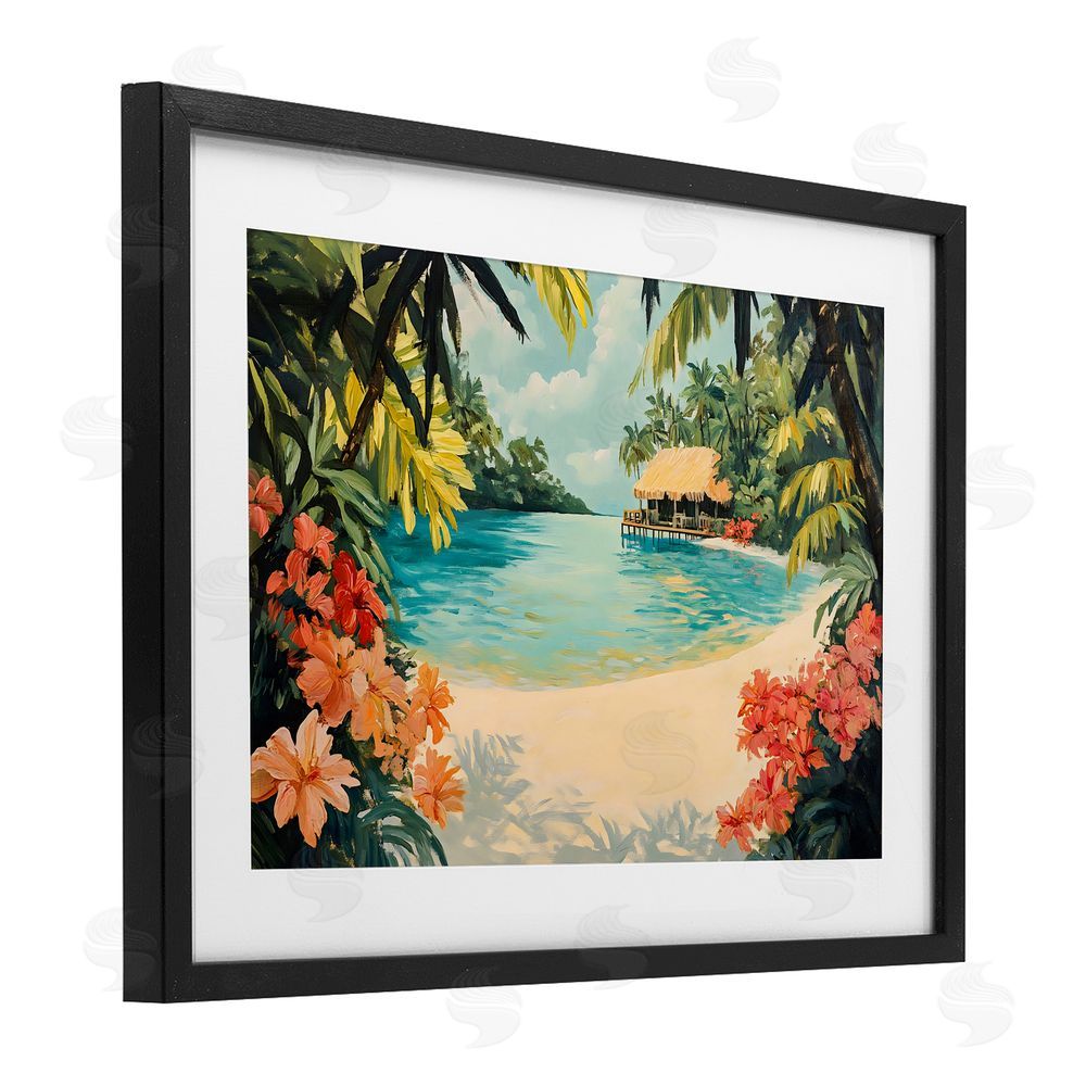 Franklyn Gregory Tropical Bungalow Lagoon Black Framed Print Under Glass with White Mat Wall Art