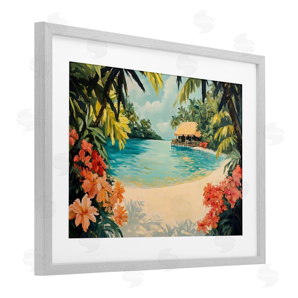 Franklyn Gregory Tropical Bungalow Lagoon Gray Framed Print Under Glass with White Mat Wall Art