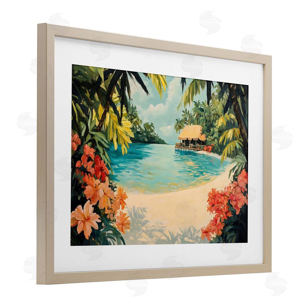 Franklyn Gregory Tropical Bungalow Lagoon Birch Framed Print Under Glass with White Mat Wall Art
