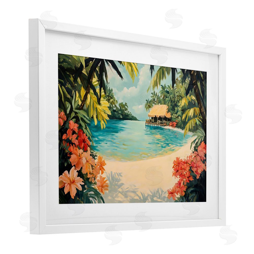 Franklyn Gregory Tropical Bungalow Lagoon White Framed Print Under Glass with Mat Wall Art