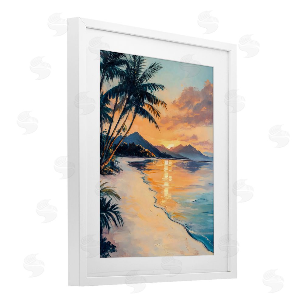 Franklyn Gregory Tropical Mountain Sunset White Framed Print Under Glass with Mat Wall Art