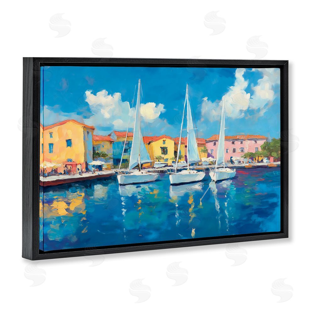 Franklyn Gregory White Boats in Colorful Port Black Floating Frame Canvas Wall Art Print