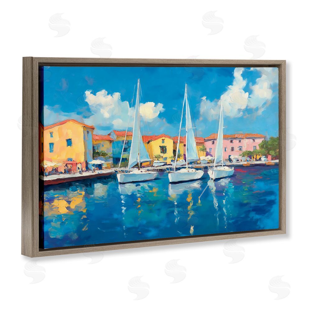 Franklyn Gregory White Boats in Colorful Port Brown Floating Frame Canvas Wall Art Print
